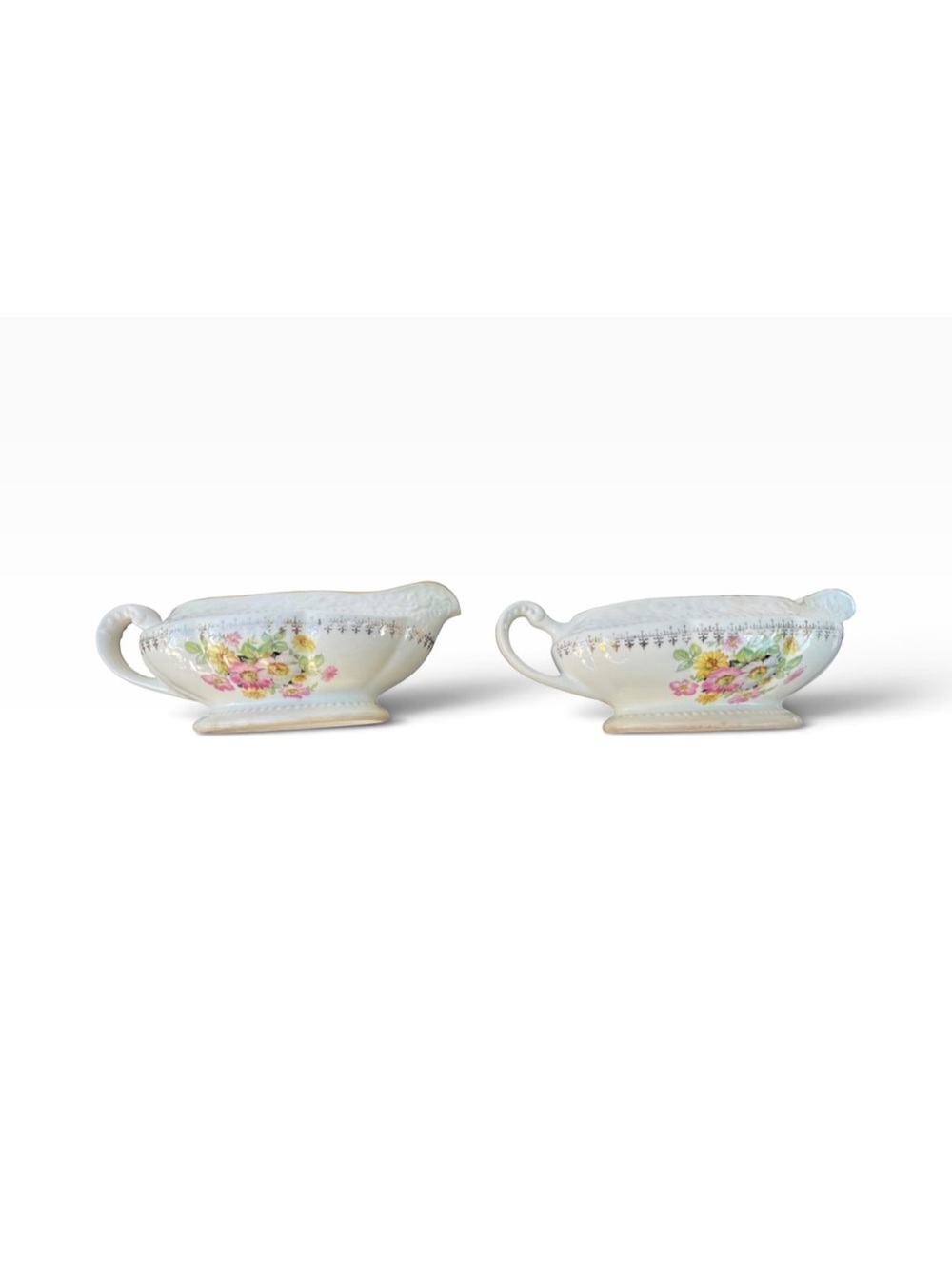 Vintage 1935 Edwin M Knowles China Floral Gravy Boats 22k Gold Trim